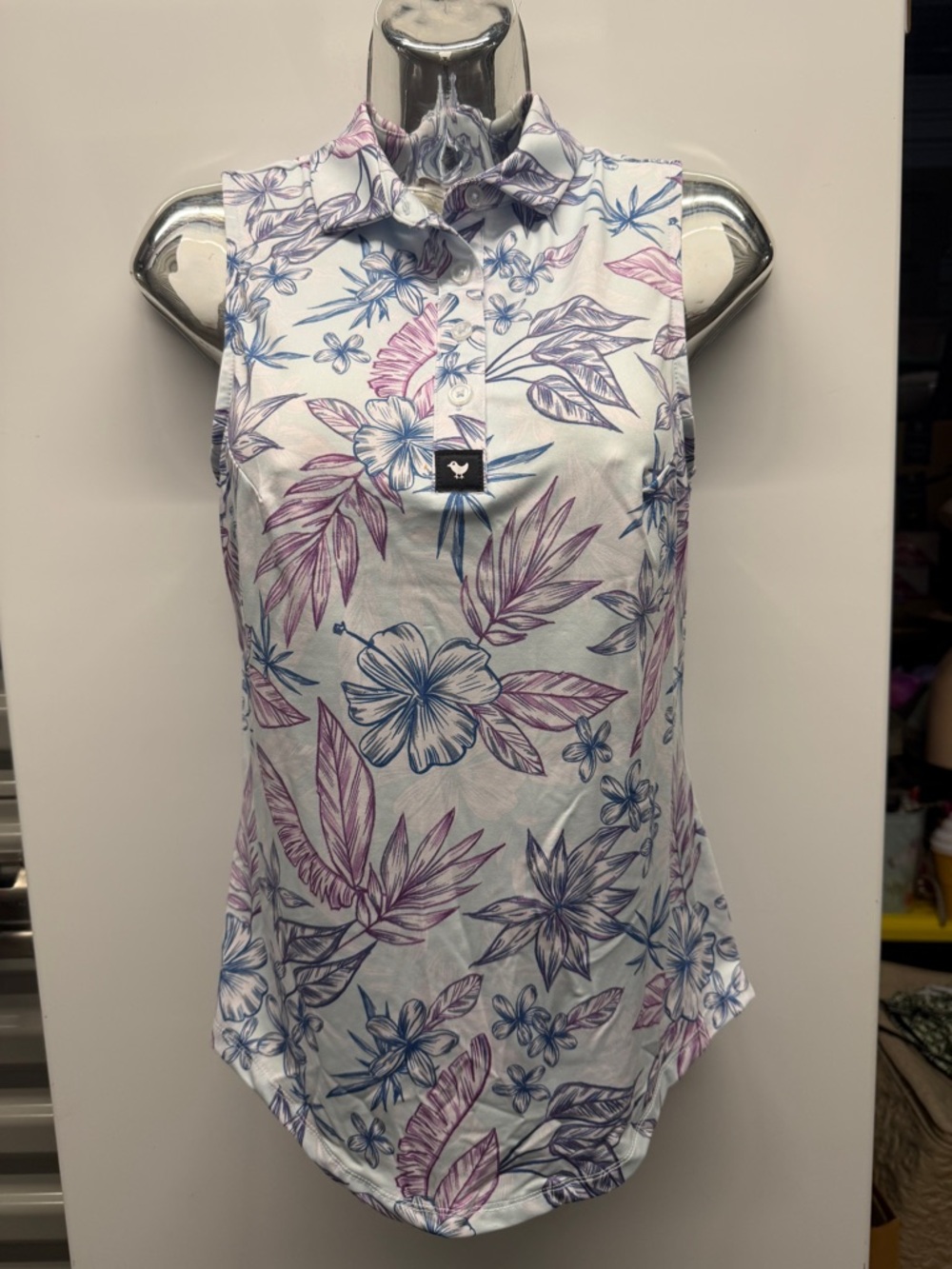 Bad Birdie Golf White Sleeveless Collared Top with Pink & Blue Floral xs nwt